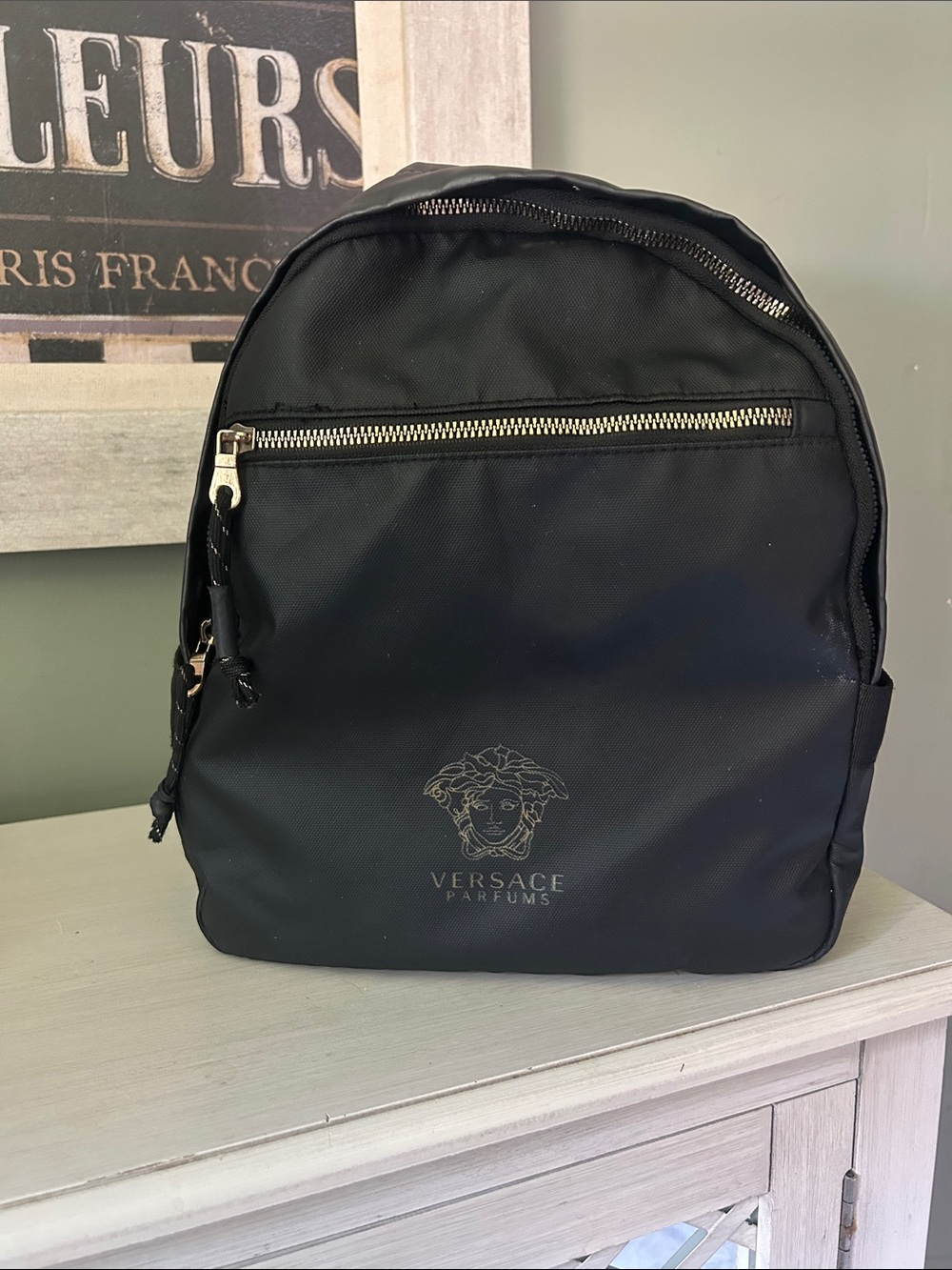 Versace Black Nylon Backpack with Gold Zippers